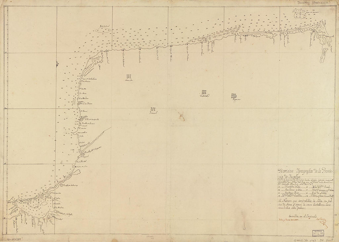 This old map of Discrición sic Ygnográfica De La Provincia De Yucatan Desde La Laguna De Terminos Hasta El Cabo Catoche from 1767 was created by  in 1767