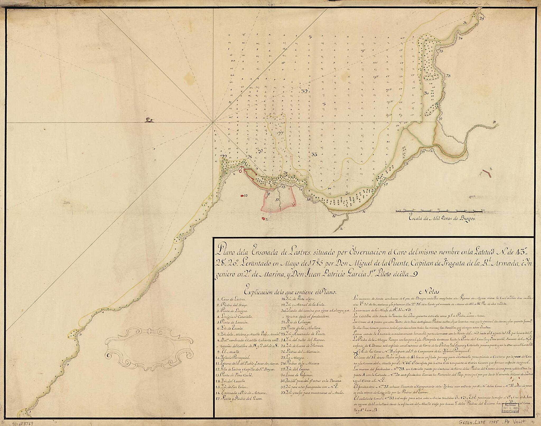 This old map of Plano De La Ensenada De Lastres Situado Por Observación El Cavo Del Mismo Nombre En La Latitud N. De 43⁰28ʹ20ʺ from 1785 was created by Juan Patricio García, Miguel De La Puente in 1785