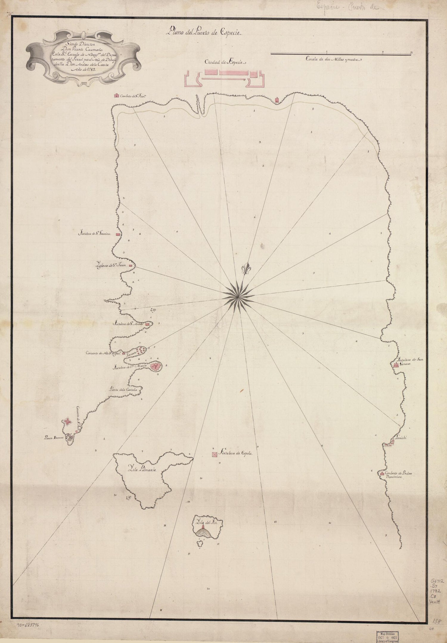 This old map of Plano Del Puerto De Especie from 1782 was created by Andres De La Cuesta, Spain) Real Escuela De Navegación (Ferrol Del Caudillo in 1782