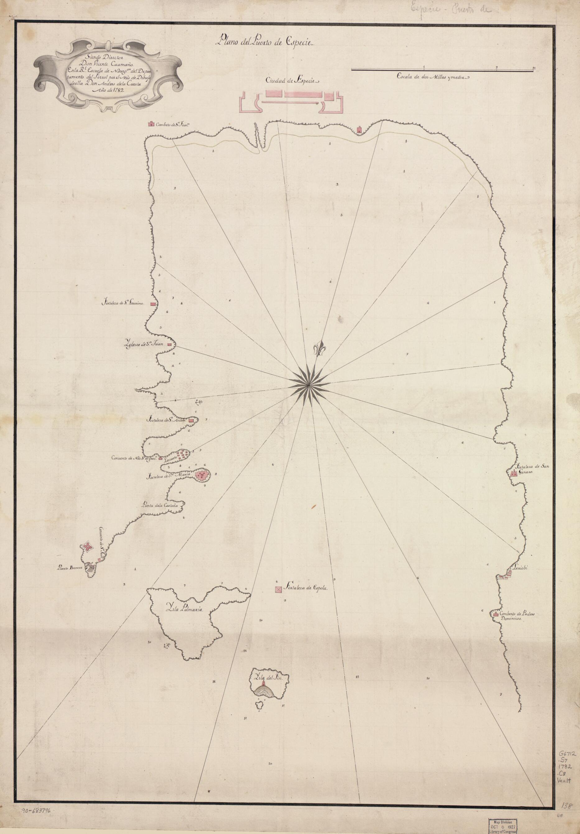 This old map of Plano Del Puerto De Especie from 1782 was created by Andres De La Cuesta, Spain) Real Escuela De Navegación (Ferrol Del Caudillo in 1782