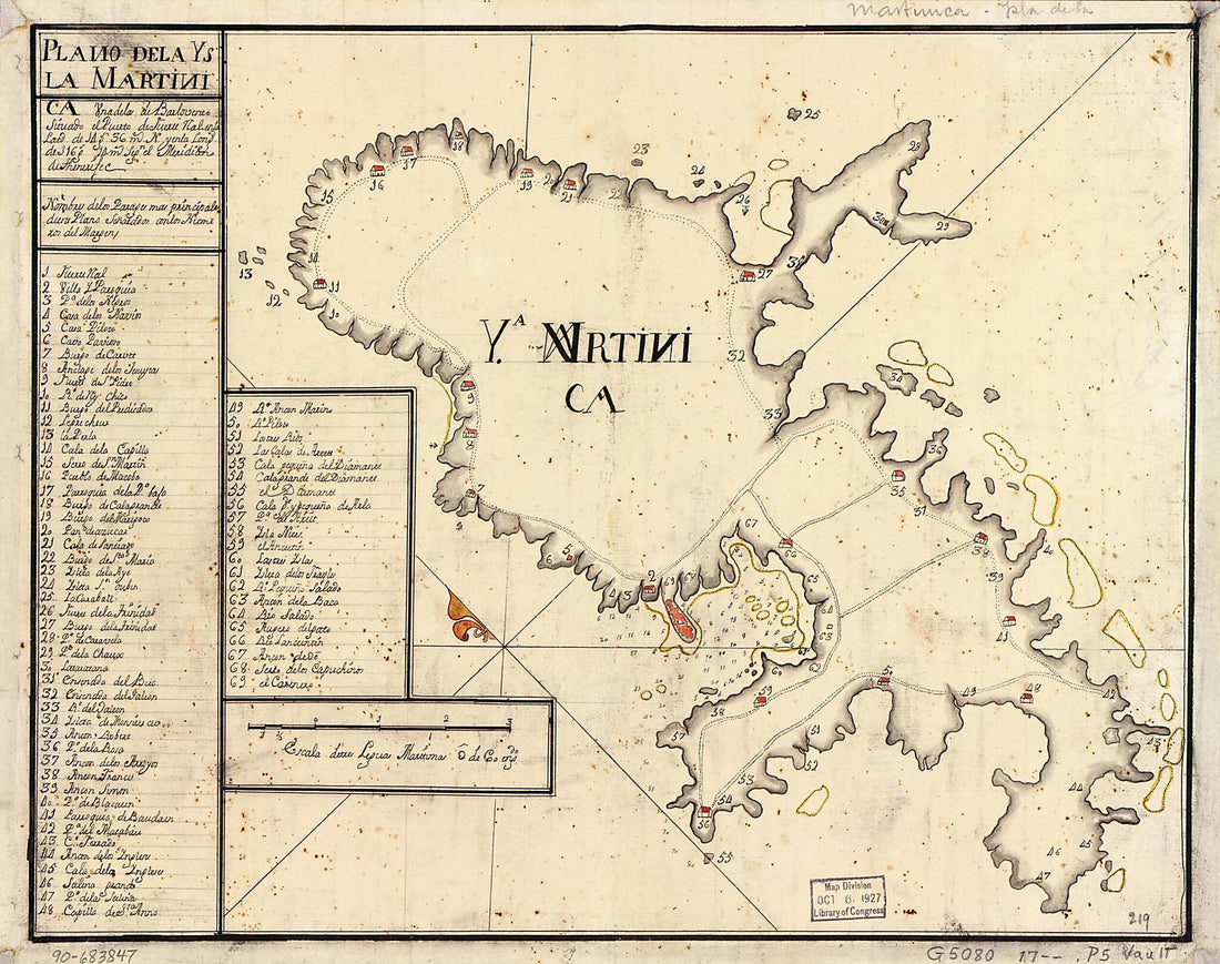 This old map of Plano De La Ysla Martinica : Una De La De Barlovento Situado El Puerto De Fuerte Nal En La Latd. De 14 Gs. 36 M. N. Y En La Longd. De 316 Gs. 14 M. Segn. El Meridiano De Thenerife from 1700 was created by  in 1700