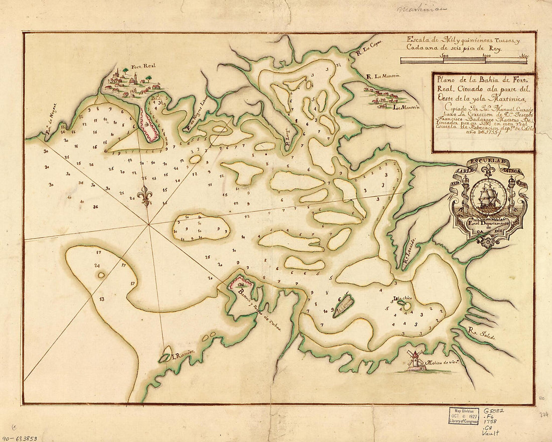 This old map of Plano De La Bahía De Fort Real Cituado a La Parte Del Oeste De La Ysla Martinica from 1758 was created by Juan Manuel Curado, Spain) Real Escuela De Navegación (Cádiz in 1758