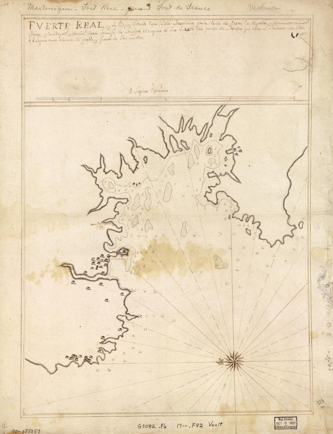 This old map of Fuerte Real Y Su Bahía Situado En La Ysla Martinica En La Pate sic Del Oeste De La Dha. En La Latitu. De 14⁰ Y 36⁰⁰ Norte Y En 376⁰ Y 14⁰⁰, Meridiano De Tenerife from 1700 was created by  in 1700