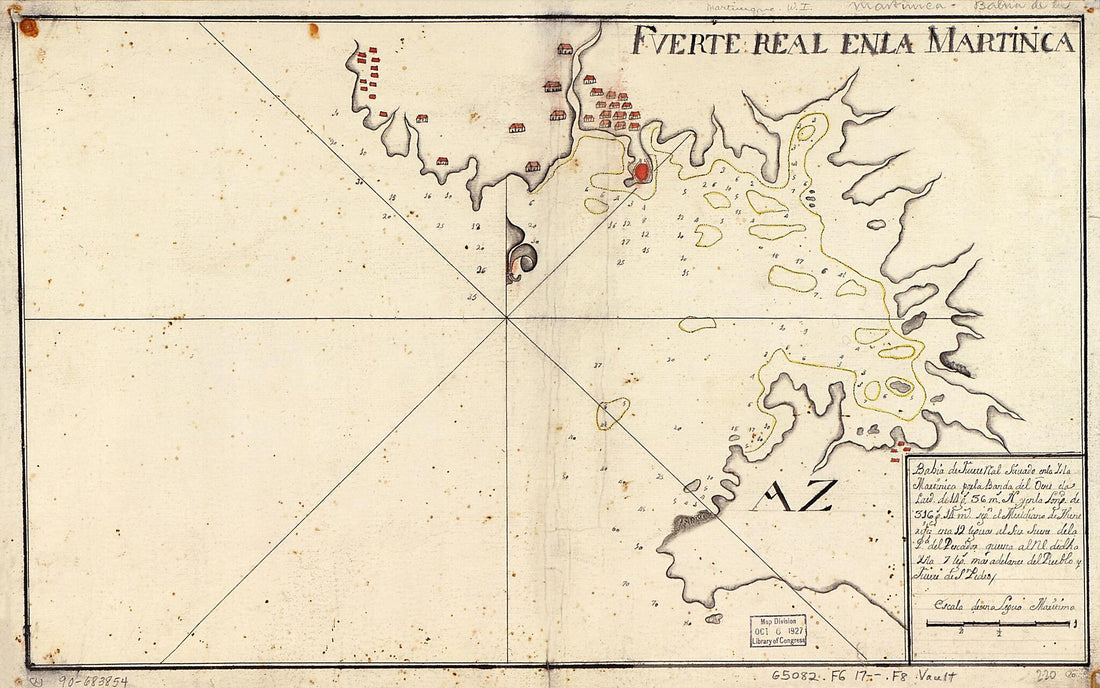 This old map of Fuerte Real Y Su Baya Situado En La Ysla Martinica Por La Vanda Del Oestte En 12 Grados Y 36 Minutos De Latitd. Nortte Y En 316 Grads. Y 14 Mins. (desde Tenerife) De Longitud  from 1700 was created by  in 1700