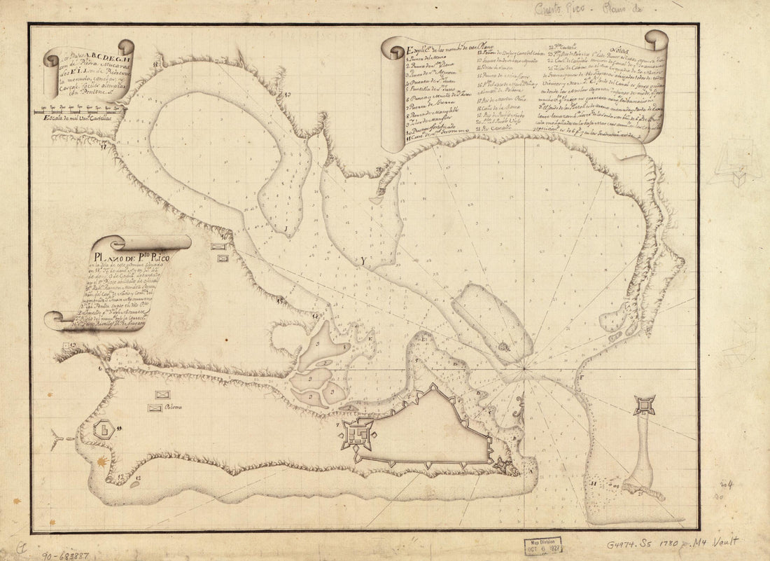 This old map of Plano De Pto. Rico En La Ysla De Este Nombre Situado En 18⁰37ʹ De Latitd. N. Y En 59⁰42ʹ De Longd. O. De Cádiz from 1780 was created by Francisco Ramón Méndez, Joseph Navarrete in 1780