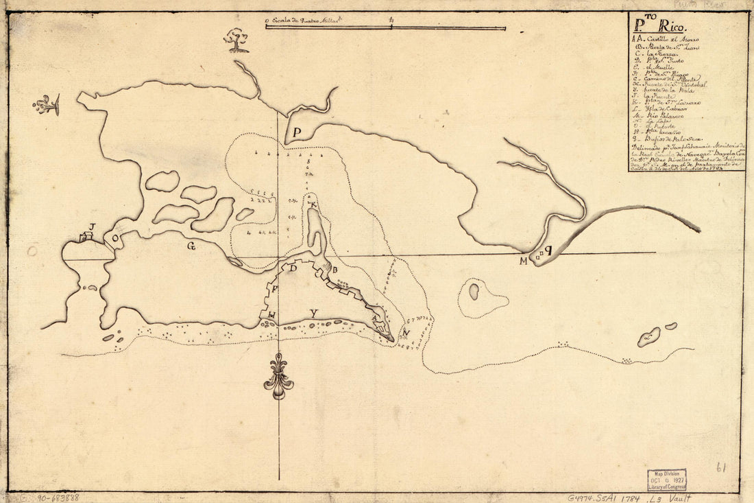 This old map of Pto. Rico from 1784 was created by Josef Lahaurie Meritorio, Spain) Real Escuela De Navegación (Cádiz in 1784