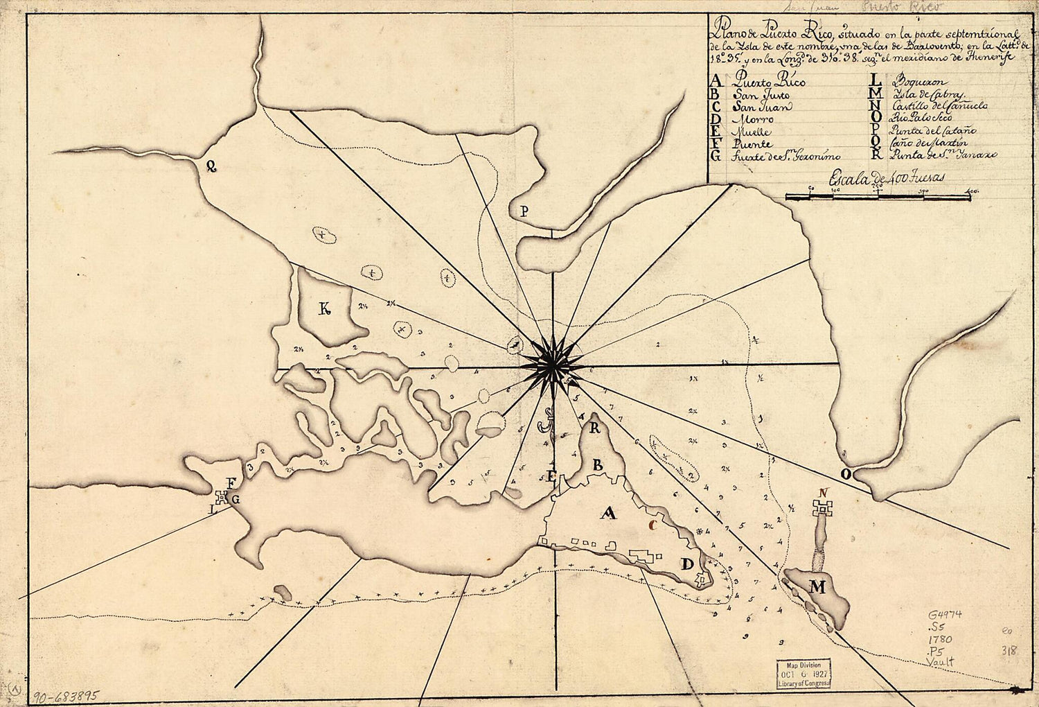 This old map of Plano De Puerto Rico, Situado En La Parte Septemtrional De La Ysla De Este Nombre, Una De Las De Barlovento En La Lattd. De 18⁰35ʹ Y En La Longd. De 310⁰38ʹ Segn. El Meridiano De Thenerife from 1780 was created by  in 1780