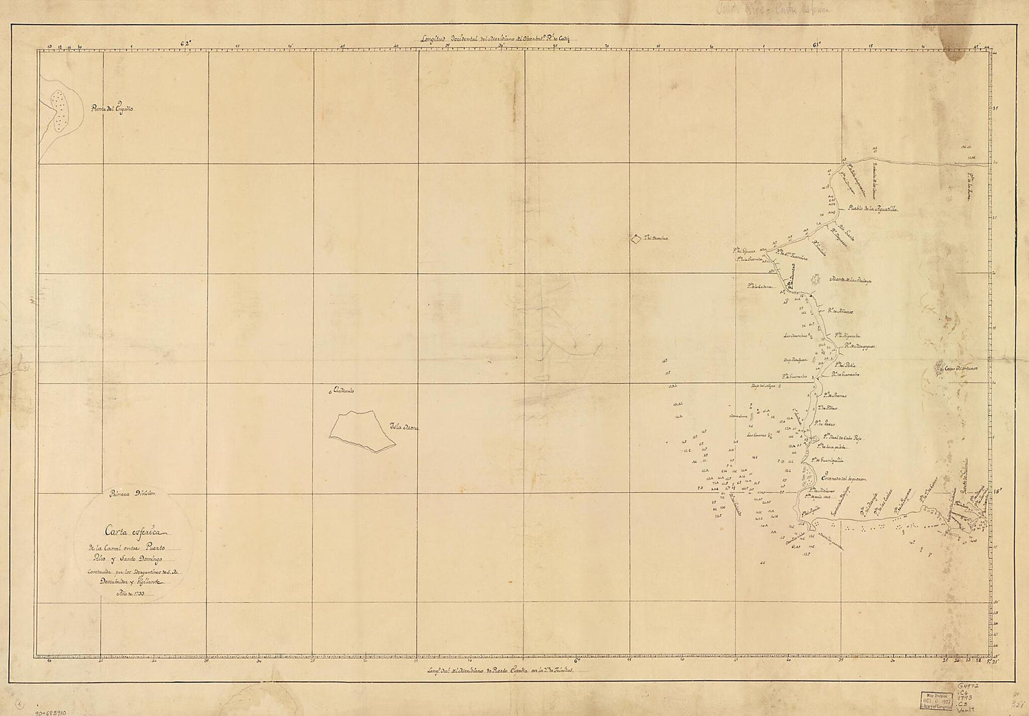 This old map of Carta Esférica De La Canal Entre Puerto Rico Y Santo Domingo from 1793 was created by  in 1793