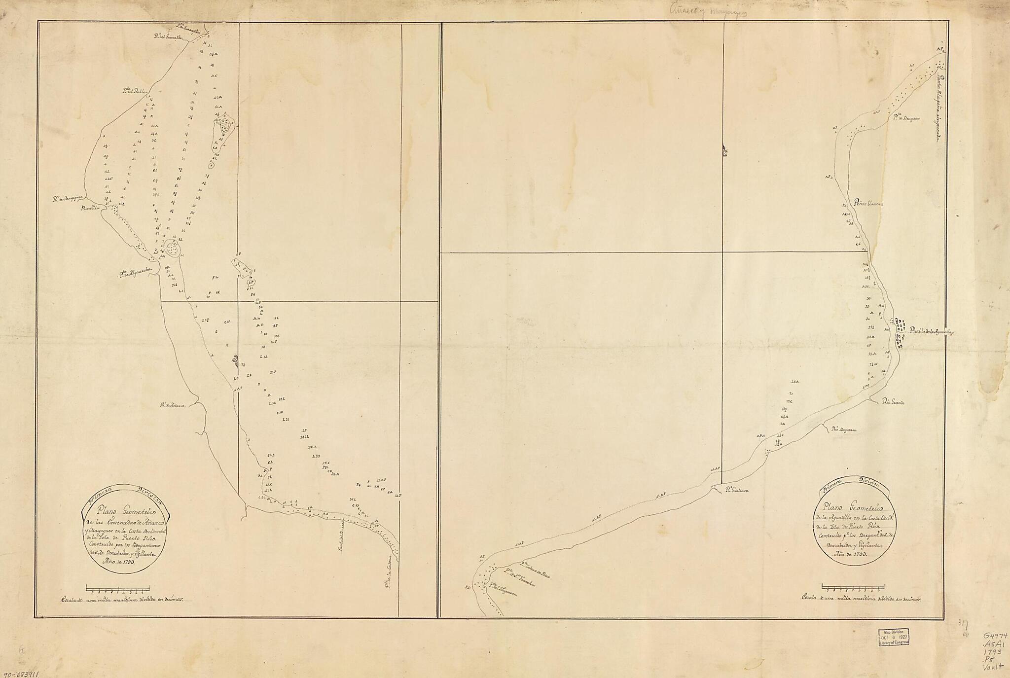 This old map of Plano Geométrico De Las Ensenadas De Añasco Y Mayagües En La Costa Occidental De La Ysla De Puerto Rico from 1793 was created by  in 1793