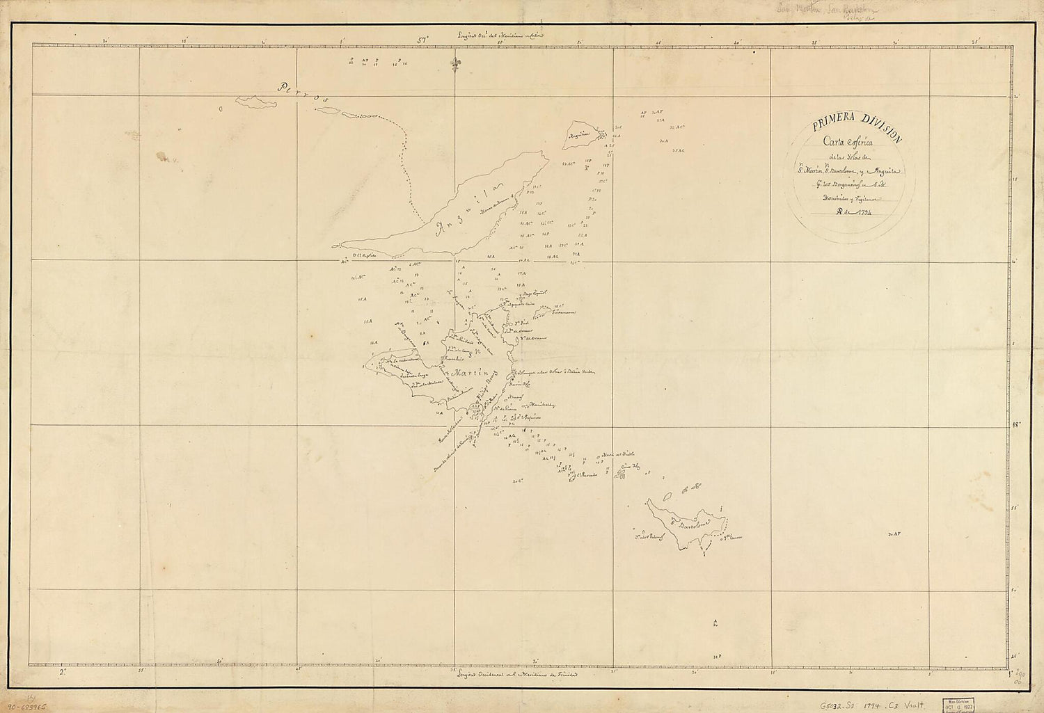 Carta Esférica De Las Yslas De Sn. Martin, Sn. Bartolome Y Anguila 1794 by Relic Map Company