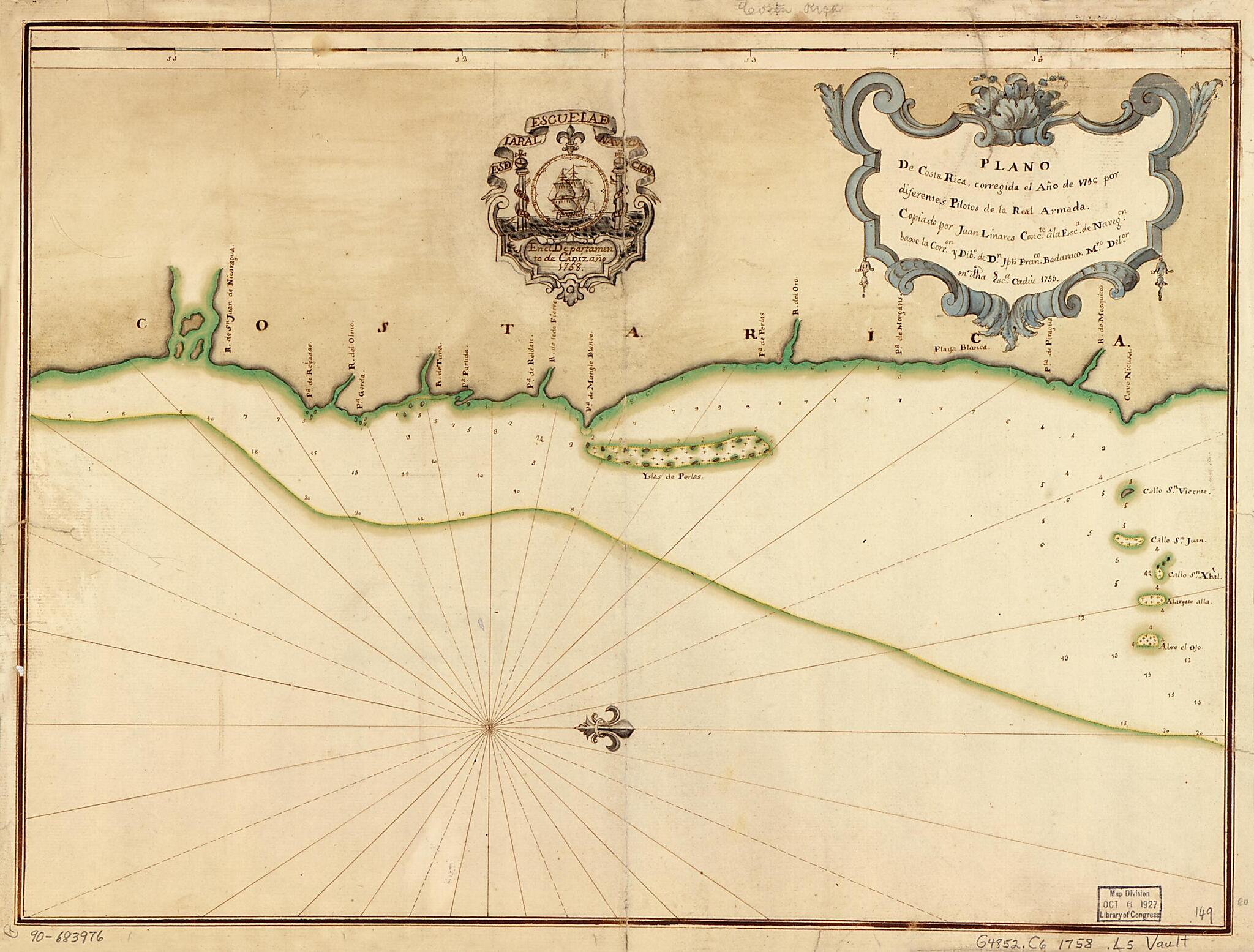 This old map of Plano De Costa Rica from 1758 was created by Juan Linares, Spain) Real Escuela De Navegación (Cádiz in 1758