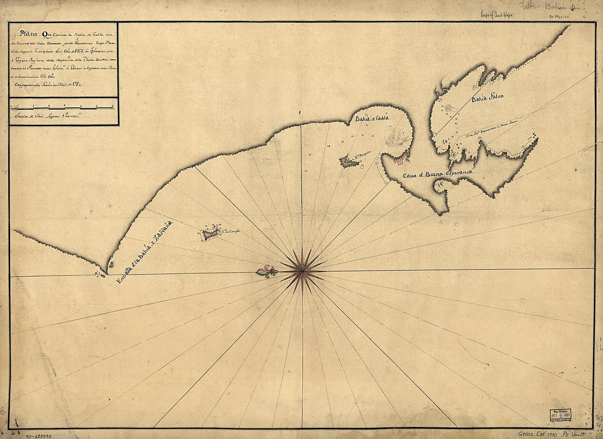 Plano Que Contiene La Bahía De Tabla Con La Ciudad Del Cabo 1770 by Relic Map Company