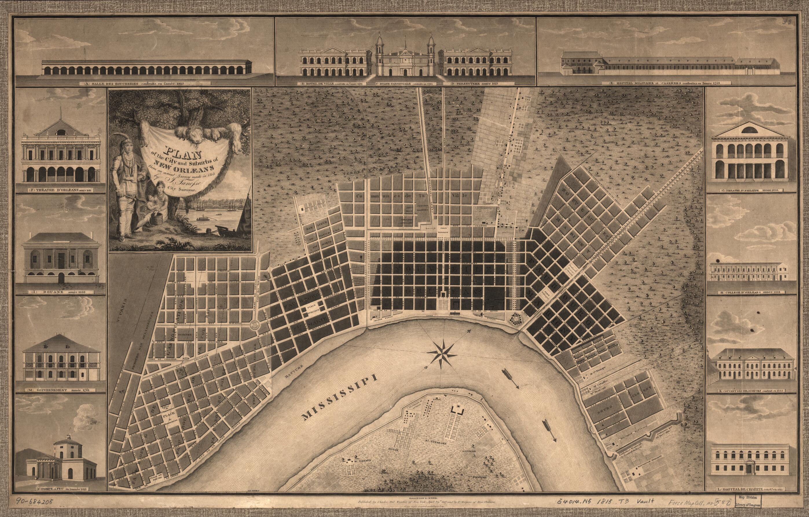 This old map of Plan of the City and Suburbs of New Orleans : from an Actual Survey Made In from 1815 was created by Charles Del Vecchio, P. Maspero, William Rollinson, I. Tanesse in 1815
