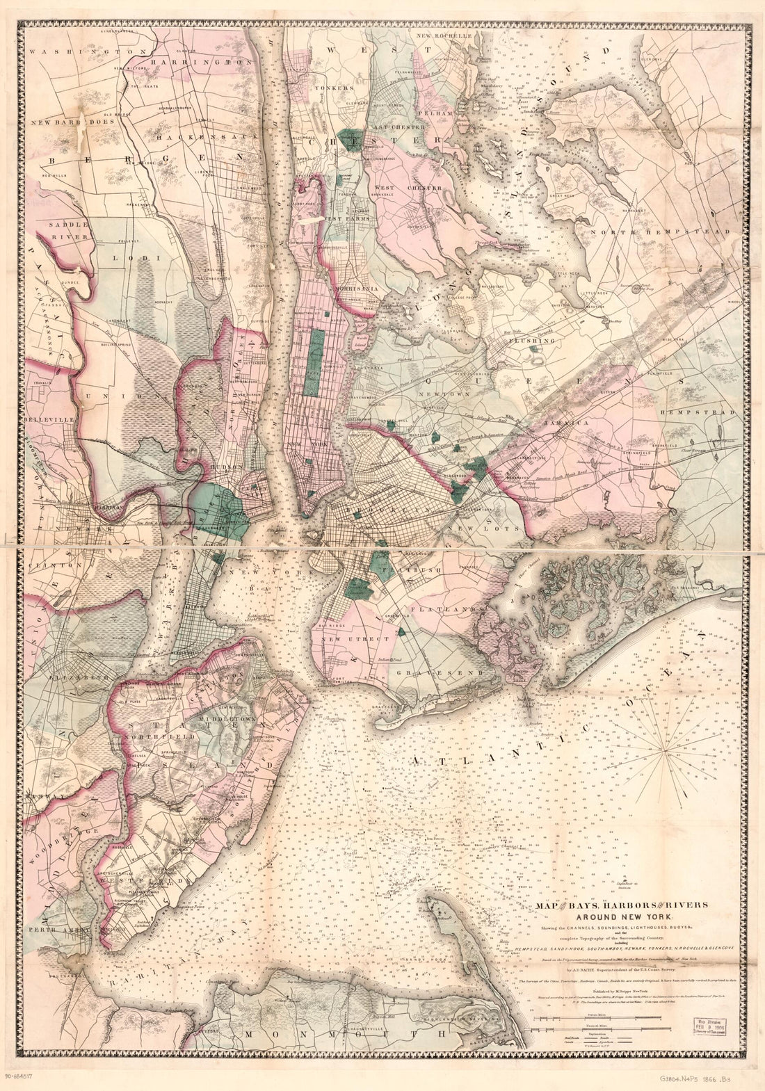 This old map of Hook, South-Amboy, Newark, Yonkers, N. Rochelle & Glen Cove from 1866 was created by A. D. (Alexander Dallas) Bache in 1866