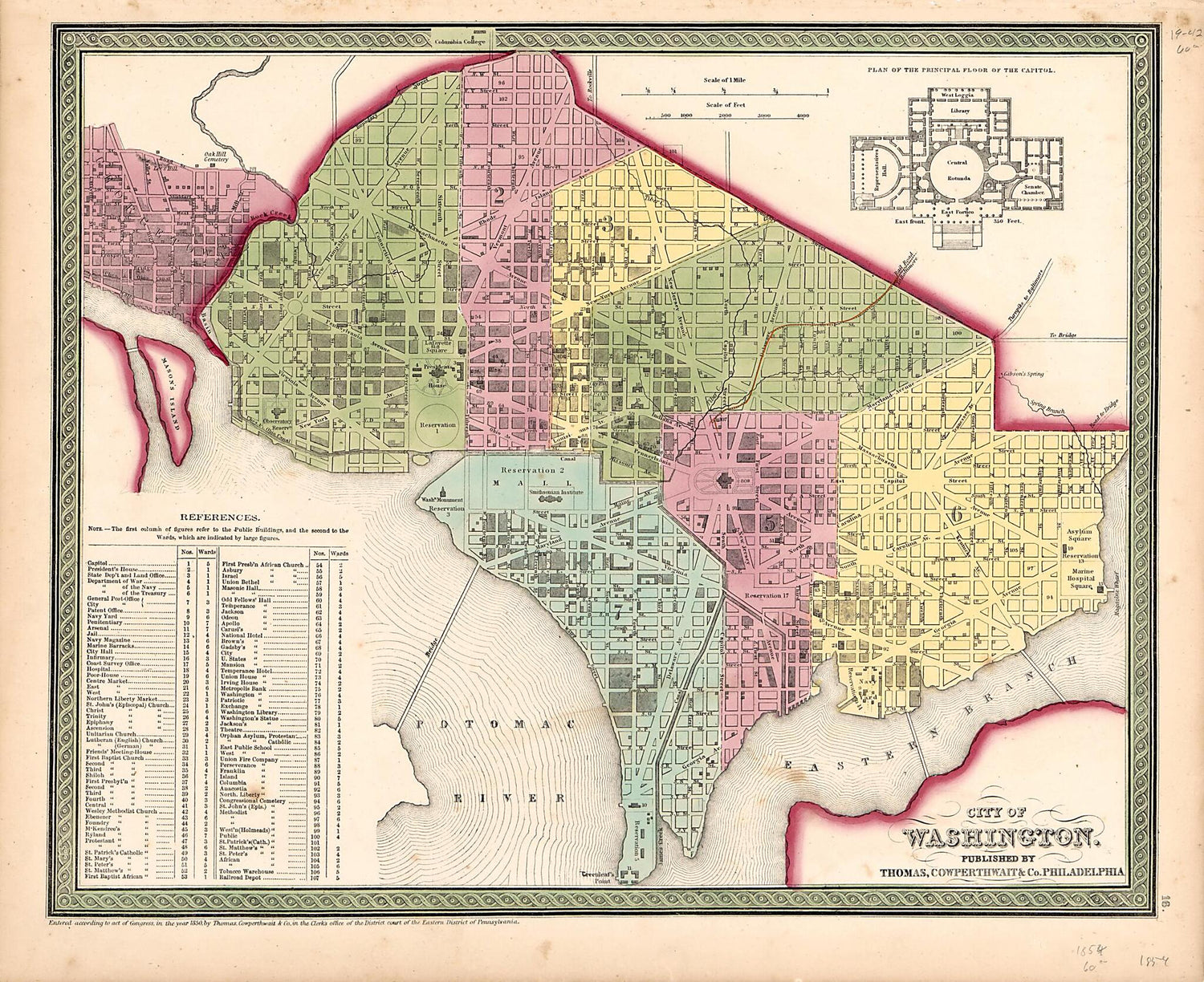 This old map of City of Washington from 1854 was created by S. Augustus (Samuel Augustus) Mitchell, Cowperthwait &amp; Co Thomas in 1854