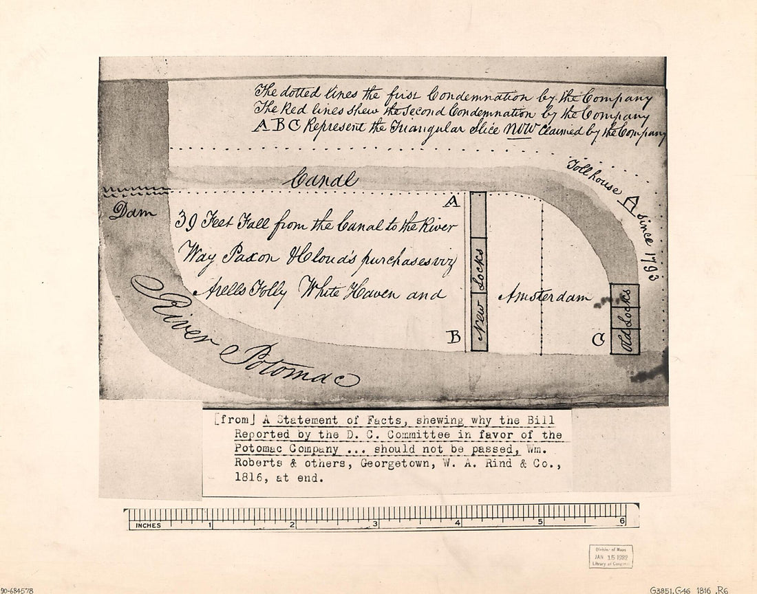 This old map of Diagrammatic Map of Real Property Condemned In Favor of the Potomac Company In Washington D.C. for the Chesapeake and Ohio Canal from 1816 was created by  Potomac Company, Wm. (William) Roberts,  W.A. Rind &amp; Co in 1816