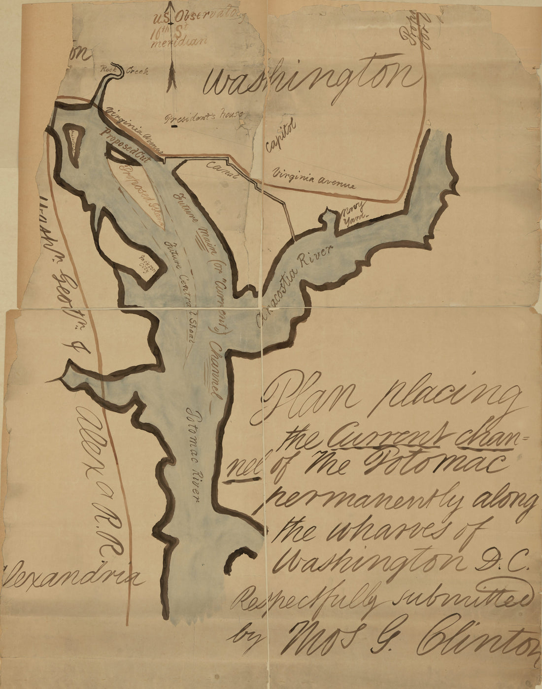 This old map of Plan Placing the Current Channel of the Potomac Permanently Along the Wharves of Washington D.C from 1850 was created by Thos. G. Clinton in 1850