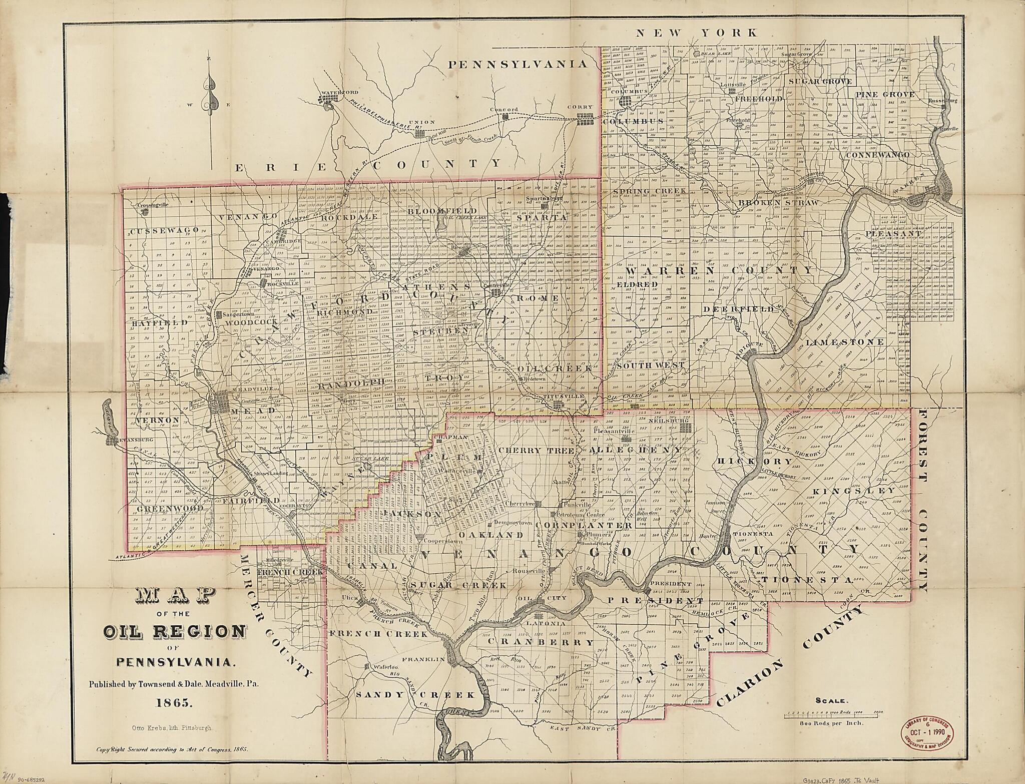 This old map of Map of the Oil Region of Pennsylvania from 1865 was created by Otto Krebs,  Townsend &amp; Dale in 1865