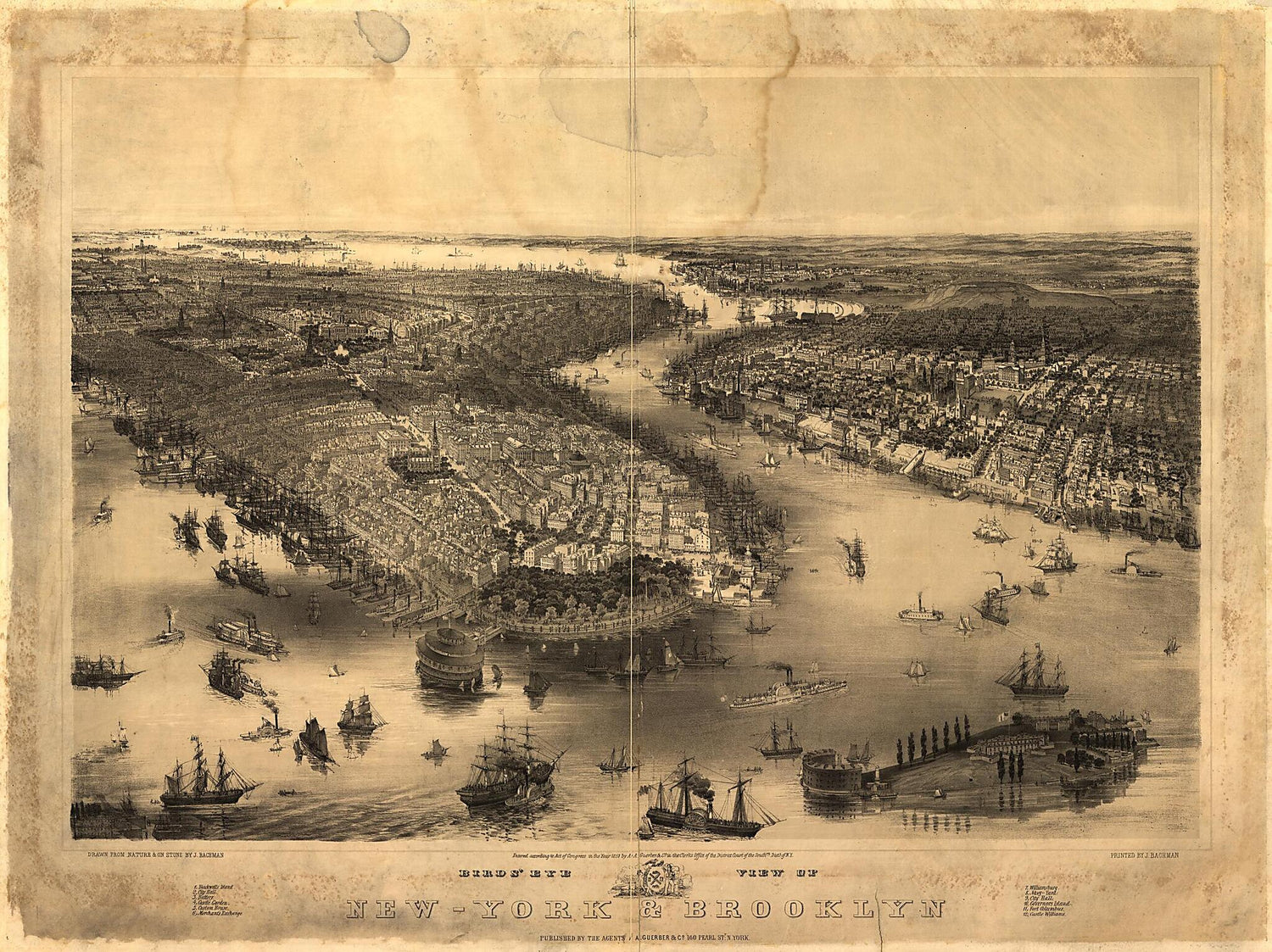 This old map of York &amp; Brooklyn / Drawn from Nature &amp; On Stone by J. Bachmann from 1851 was created by John Bachmann in 1851