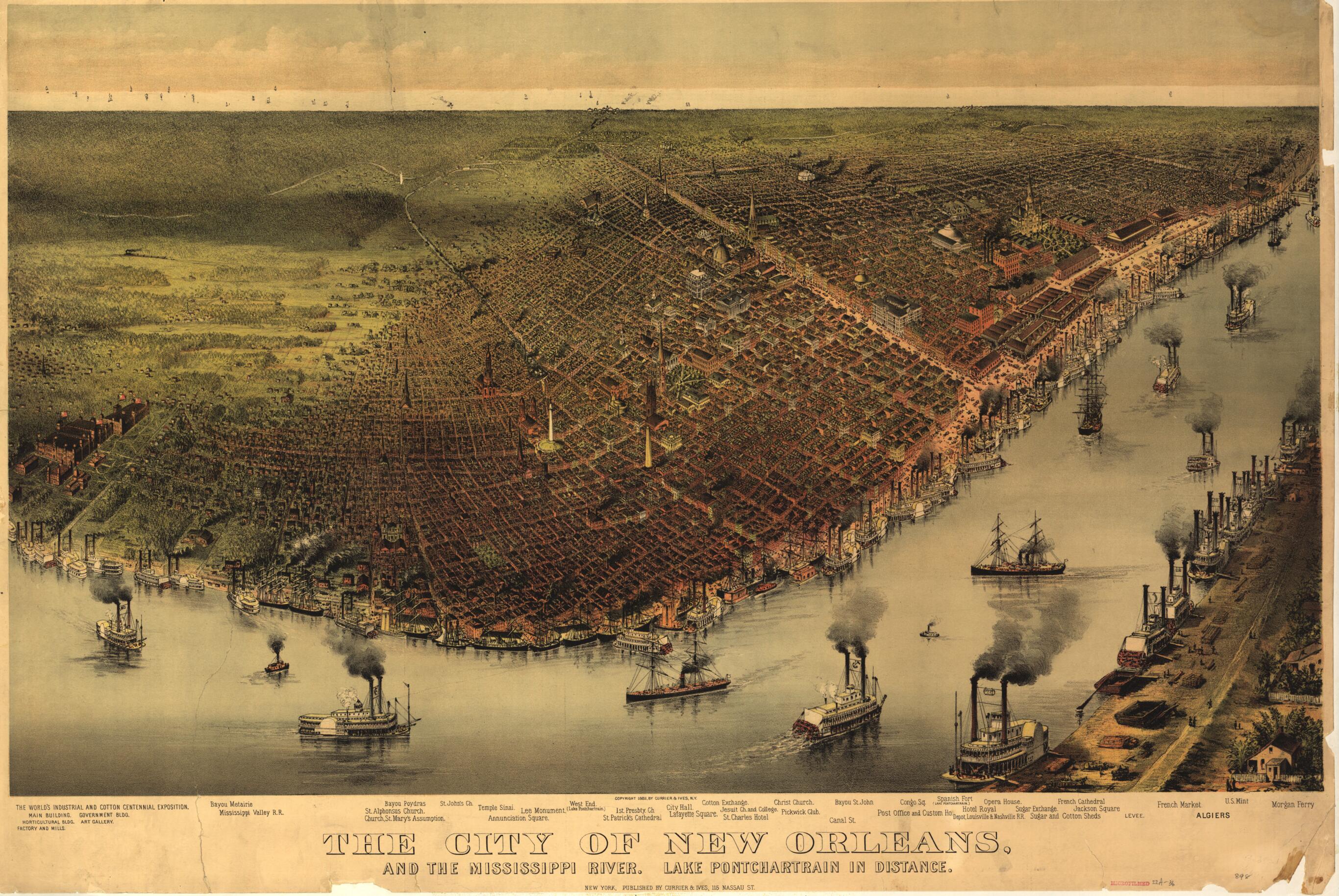 This old map of The City of New Orleans, and the Mississippi River Lake Pontchartrain In Distance from 1885 was created by  Currier &amp; Ives in 1885