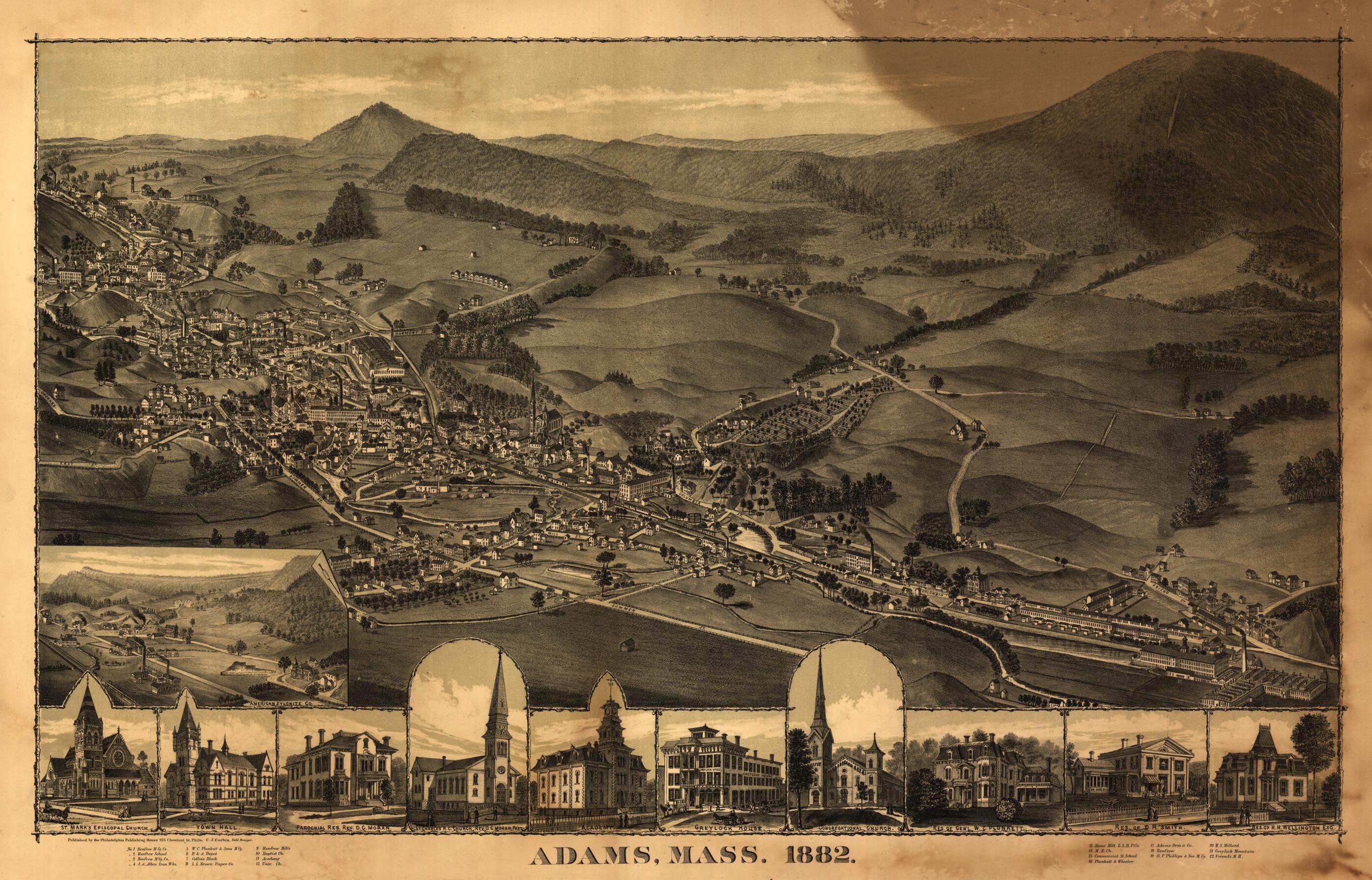 This old map of Adams, Massachusetts : from 1882 was created by C. J. Corbin,  Philadelphia Publishing House in 1882