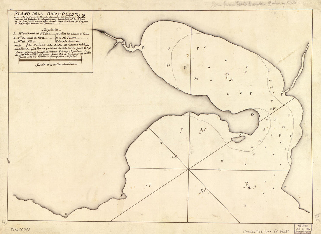 This old map of Plano De La Baia Y Puerto De San Josef O Fuerte Escudo Situado En La Costa Septentrional Del Estrecho De Magallanes from 1700 was created by Lorenzo Pérez in 1700