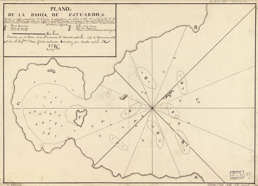 This old map of Plano De La Bahía De Estuardo Situado En La Costa Meridional Del Estreche De Magallanes Por Latd. S. De 53⁰23ʹ Y Longd. De 67⁰8ʺ sic 20ʺ Occidental De Cádiz from 1786 was created by Fernando De Miera, Bernabe Muñoz in 1786