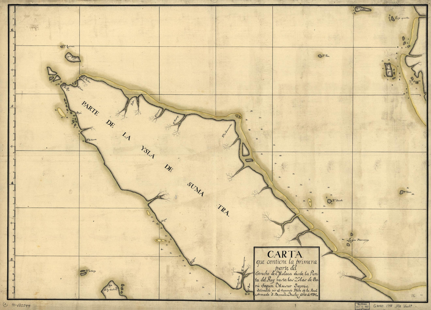 This old map of Carta Que Contiene La Primera Parte Del Estrecho De Malaca Desde La Punta Del Rey Hasta Las Yslas De Daru Segun Musur Dapres from 1798 was created by Bernabe Muñoz in 1798