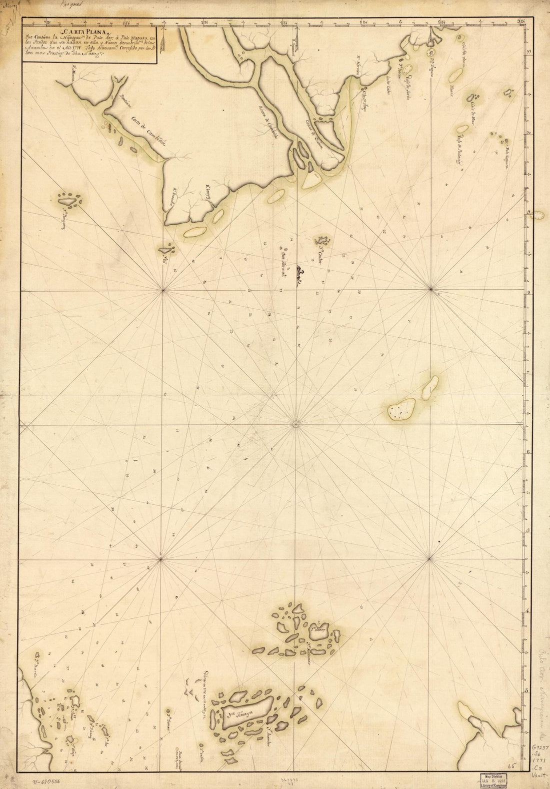 This old map of Carta Plana Que Contiene La Navegacn. De Pulo Aor a Pulo Zapata Con Los Fondos Que Se Hallan En Ella Y Nuevos Descubrimtos. De Las Anambas En El Año from 1771 was created by  in 1771