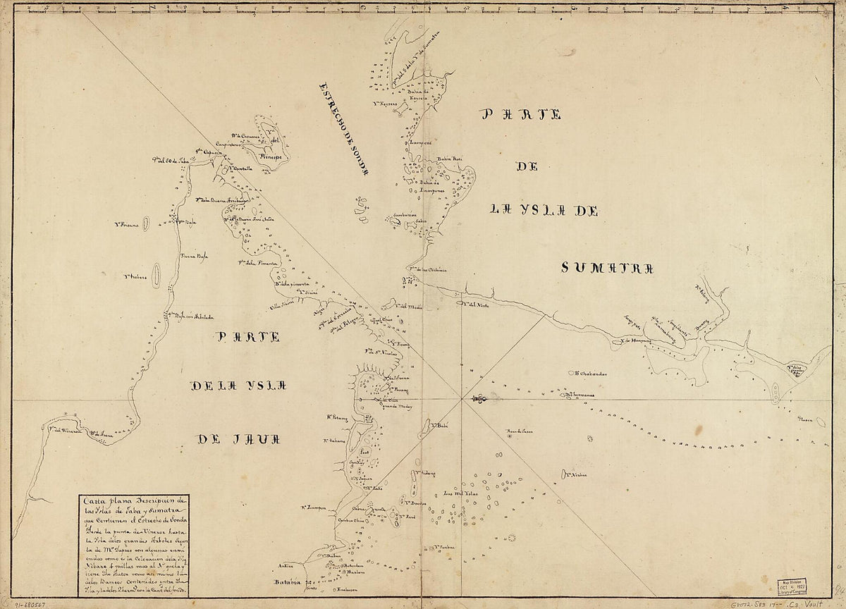 Carta Plana Descripción De Las Yslas De Jaba Y Sumatra Que Contienen El Estrecho De Sonda Desde La Punta De Vineror Hasta La Ysla De Los Grandes Arboles Segun La De Mr. Dapres Con Algunas Enmiendas Como E? La Colocación De La Ysla Nobare 4 Millas Ma... by Relic Map Company