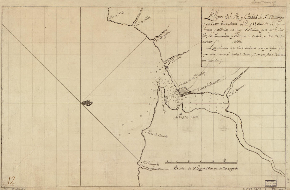 This old map of Plano Del Río Y Ciudad De Sto. Domingo Y Su Costa Immediata Al E. Y O. Sacado De Algunos, Planos Y Noticias No Muy Veridicas, Pero Puede Ser Bir, De Ynstrución Y Gobierno, En Caso De No Aber Otro Verdadero from 1700 was created by  in 1