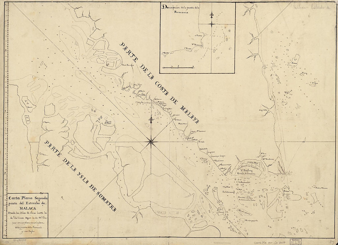 This old map of Carta Plana Segunda Parte Del Estrecho De Malaca Desde Las Yslas De Daru Hasta La De Pulotimon Segun La De Mr. Dapres Con Un Plano Particular De La Punta De La Romania Y Sus Bajos from 1700 was created by  in 1700