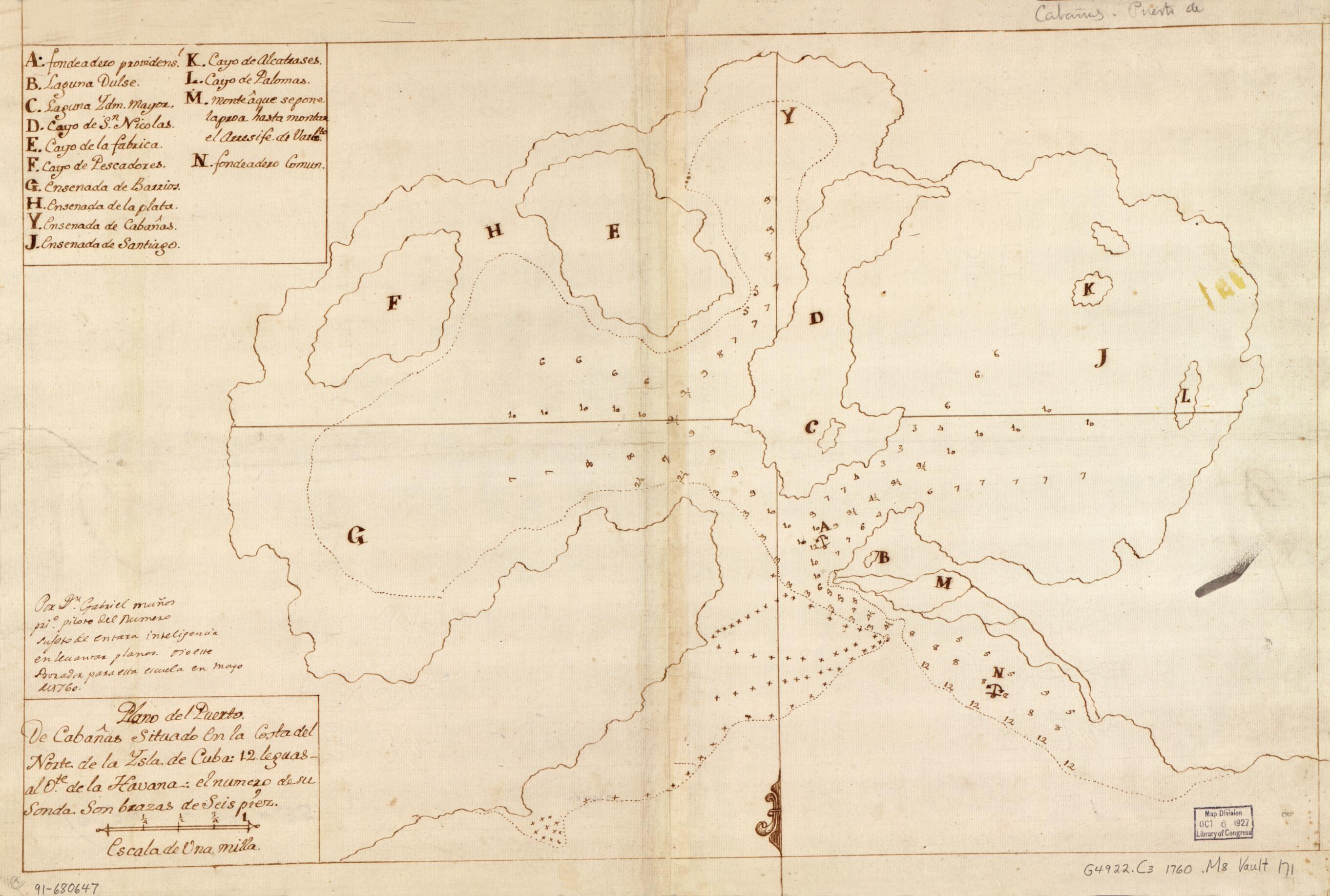 This old map of Plano Del Puerto De Cabañas Situado En La Costa Del Norte De La Ysla De Cuba, 12 Leguas Al Ote. De La Havana from 1760 was created by Gabriel Muñoz in 1760