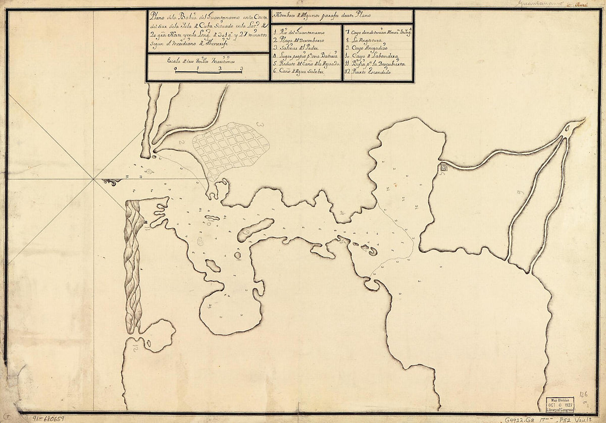 Plano De La Bahía Del Guantánamo En La Costa Del Sur De La Ysla De Cuba Situdao En La Latd. De 20 Gros. Norte Y En La Longd. De 301 Go. Y 27 Minutos Segun El Meridiano De Thenerife 1700 by Relic Map Company