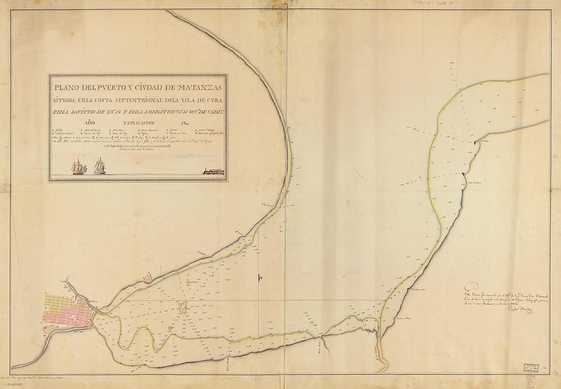 This old map of Plano Del Puerto Y Ciudad De Matanzas Situada En La Costa Septentrional De La Ysla De Cuba En La Latitud De 23⁰12ʹ Y En La Longitud 75⁰l5ʹ Occl. De Cádiz, Año 1800 from 1815 was created by Manuel Guirez De Torres in 1815