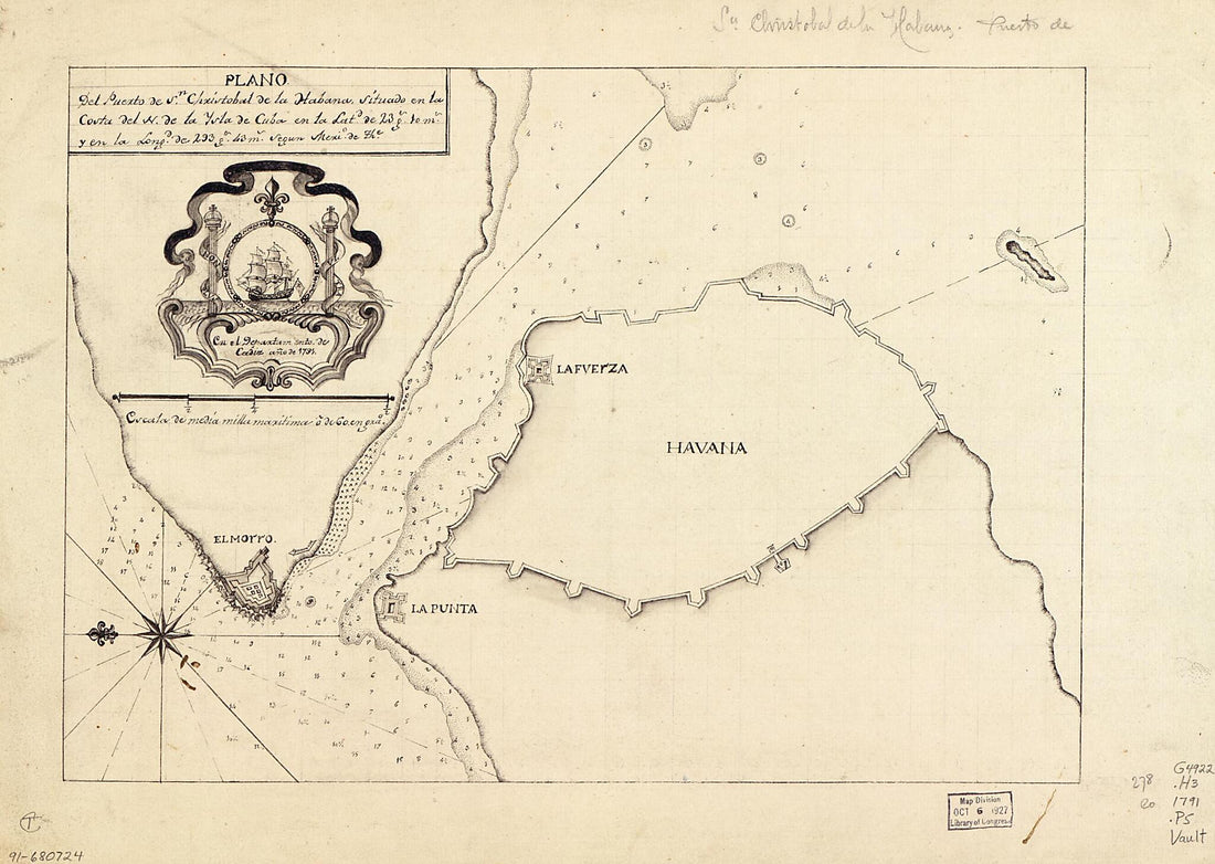 This old map of Plano Del Puerto De Sn. Christobal De La Habana Situado En La Costa Del N. De La Ysla De Cuba En La Latd. De 23 Gs. 10 Ms. Y En La Longd. De 293 Gs. 43 Ms. Segun Merio. De The from 1791 was created by  in 1791