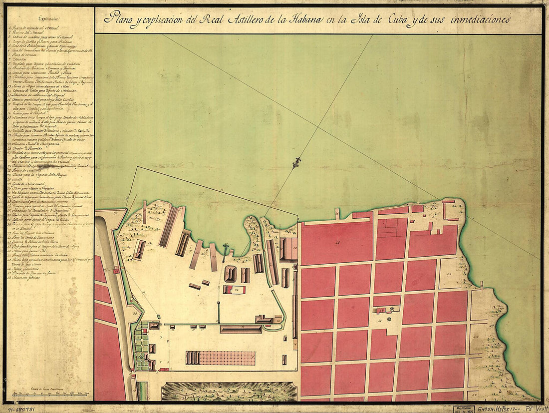 This old map of Plano Y Explicación Del Real Astillero De La Habana En La Ysla De Cuba Y De Sus Inmediaciones from 1700 was created by  in 1700
