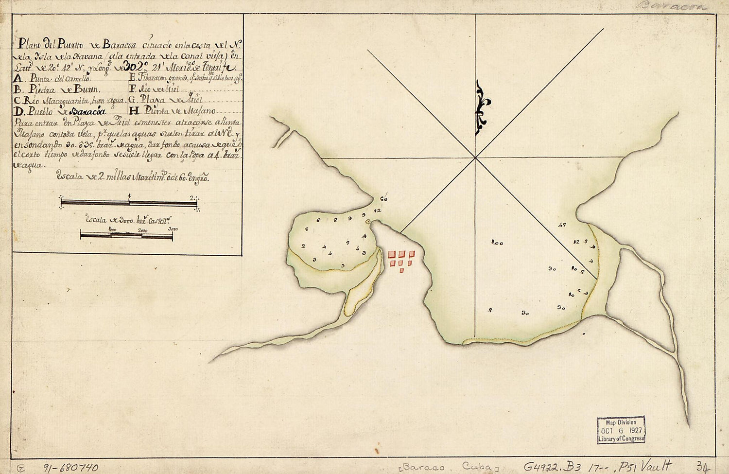 This old map of Plano Del Puertto sic De Baracoa Cituado En La Costa Del N. De La Ysla De La Havana (a La Entrada De La Canal Vieja) En Lattd. De 20⁰42ʹ N. Y Longd. De 302⁰21ʹ, Merido. De Tenerife from 1700 was created by  in 1700