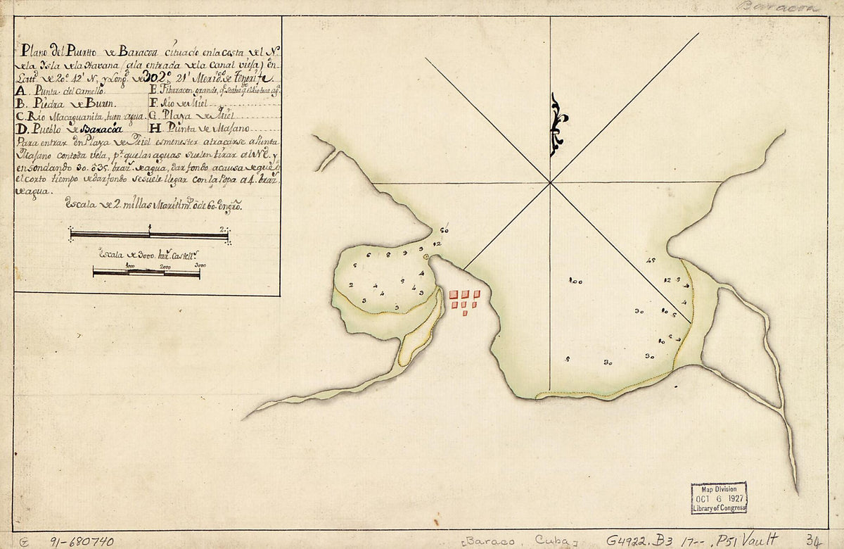 Plano Del Puertto sic De Baracoa Cituado En La Costa Del N. De La Ysla De La Havana (a La Entrada De La Canal Vieja) En Lattd. De 20⁰42ʹ N. Y Longd. De 302⁰21ʹ, Merido. De Tenerife 1700 by Relic Map Company