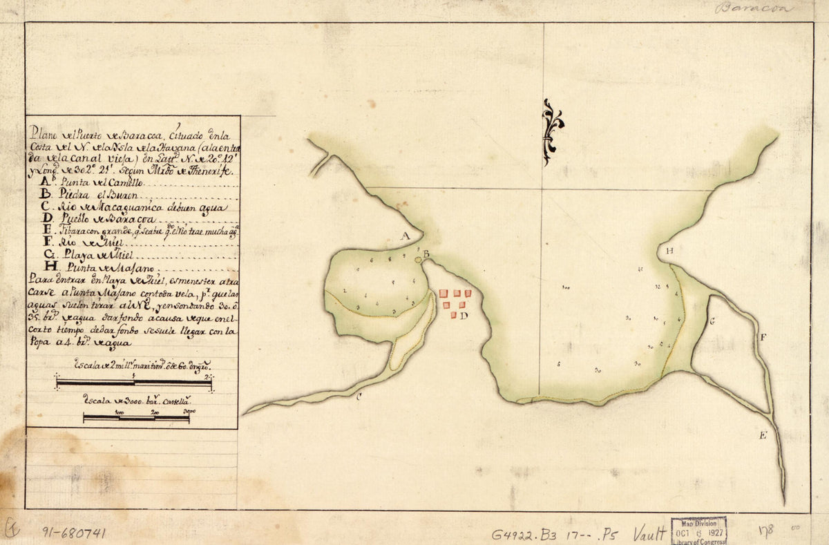 Plano Del Puerto De Baracoa Cituado En La Costa Del N. De La Ysla De La Havana (a La Entrada De La Canal Vieja) En Lattd. N. De 20⁰42ʹ Y Longd. De 302⁰21ʹ Segun Mrdo. De Thenerife 1700 by Relic Map Company