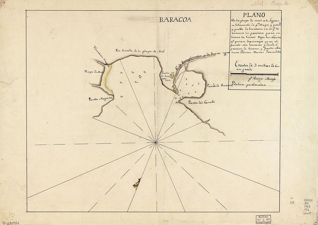 This old map of Plano De La Playa De Miel a 10 Leguas a Sotauento De Pta. Maysi Y Puerto Y Pueblo De Baracoa En El Qe. Serenuen Los Practicos Para Enbocar La Canal Vieja Los Navios Qe. Pasan De? Europa Para El Puerto De La Havana Y Donde Se Proveen De Ca