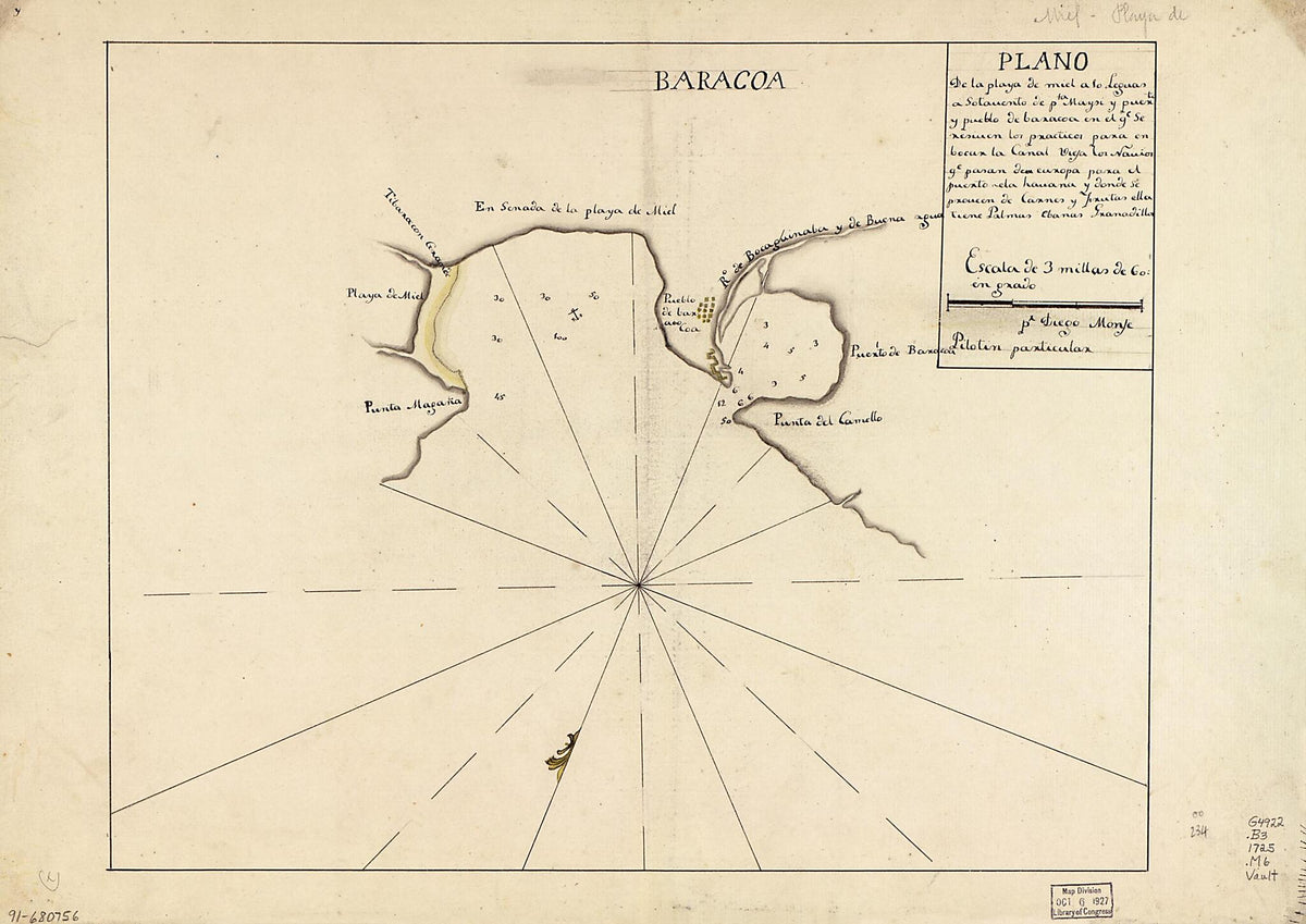 Plano De La Playa De Miel a 10 Leguas a Sotauento De Pta. Maysi Y Puerto Y Pueblo De Baracoa En El Qe. Serenuen Los Practicos Para Enbocar La Canal Vieja Los Navios Qe. Pasan De? Europa Para El Puerto De La Havana Y Donde Se Proveen De Carnes Y Yiruta... by Relic Map Company