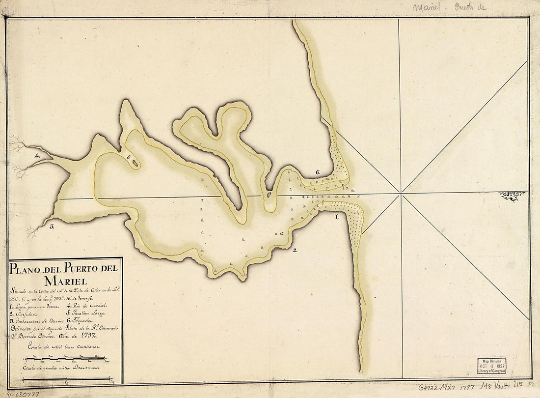 This old map of Plano Del Puerto Del Mariel Situado En La Costa Del N. De La Ysla De Cuba En La Latd. 23⁰5ʹ Y En La Longd. 293⁰16ʹ De Tenerife from 1797 was created by Bernabe Muñoz in 1797