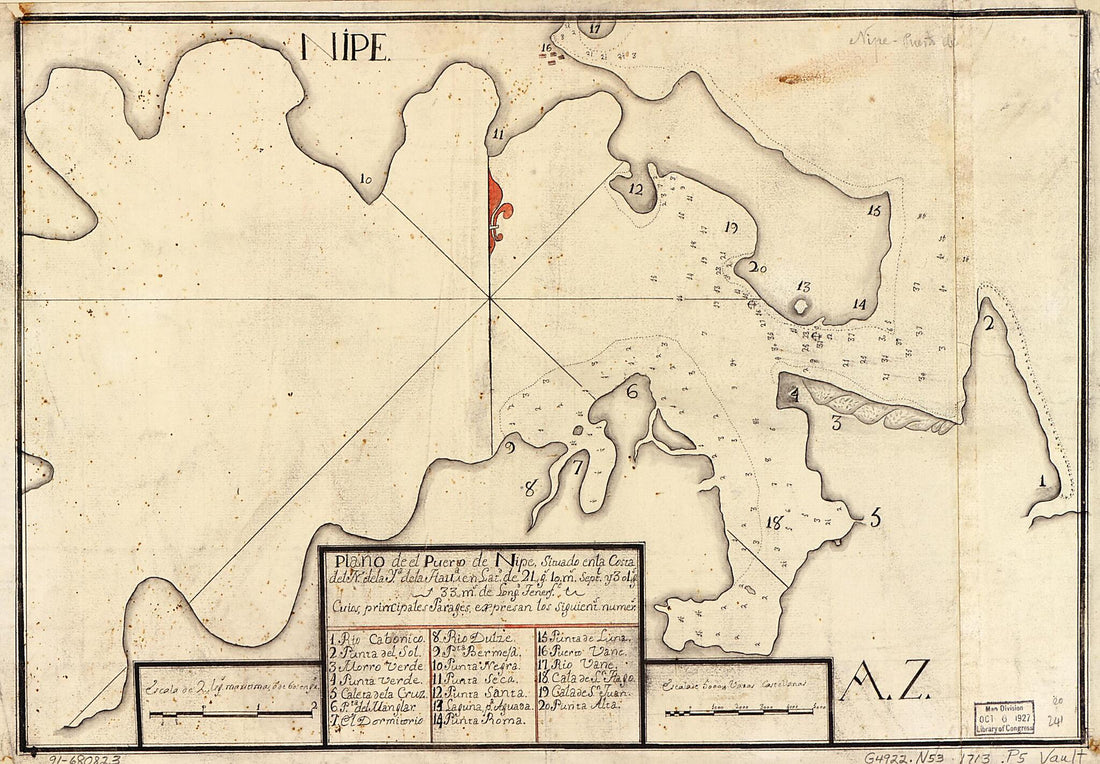 This old map of Plano De El Puerto De Nipe Situado En La Costa Del N. De La Ya. De La Hava. En Latd. De 21 Gs. 10 Ms. Septl. Y 301 Gs. 33 Ms. De Longd., Tenerfe from 1713 was created by  in 1713