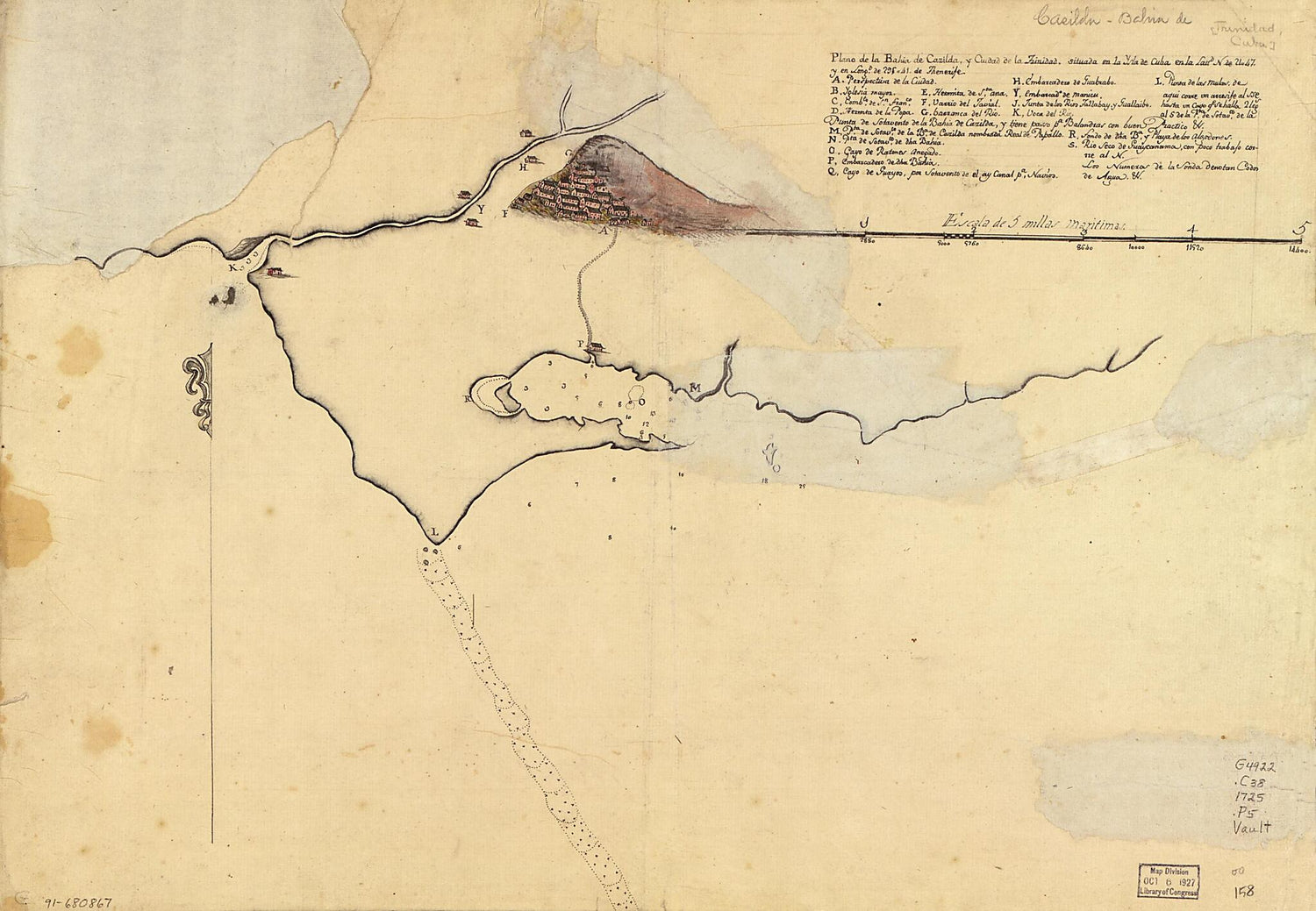 This old map of Plano De La Bahía De Cazilda Y Ciudad De La Trinidad Situada En La Ysla De Cuba En La Lattd. N. De 21ʺ47 Y En Longd. De 295ʺ41 De Thenerife from 1725 was created by  in 1725