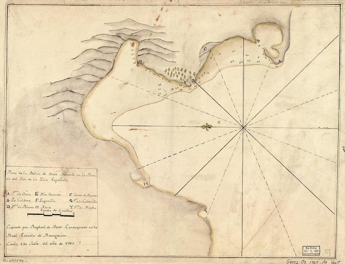 This old map of Plano De La Bahía De Ocoa Situado En La Banda Del Sur De La Ysla Española from 1767 was created by Raphael De Asso, Spain) Real Escuela De Navegación (Cádiz in 1767