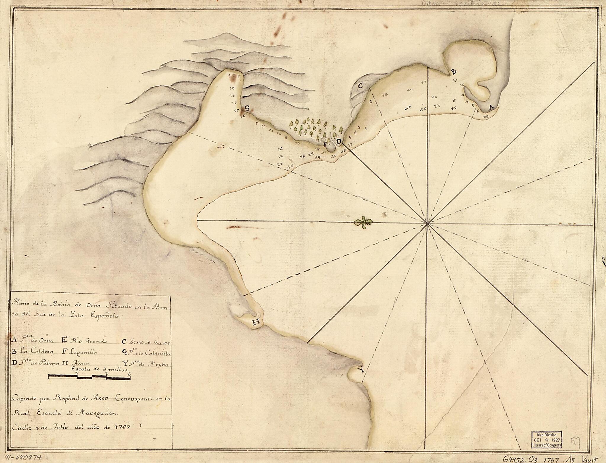 This old map of Plano De La Bahía De Ocoa Situado En La Banda Del Sur De La Ysla Española from 1767 was created by Raphael De Asso, Spain) Real Escuela De Navegación (Cádiz in 1767