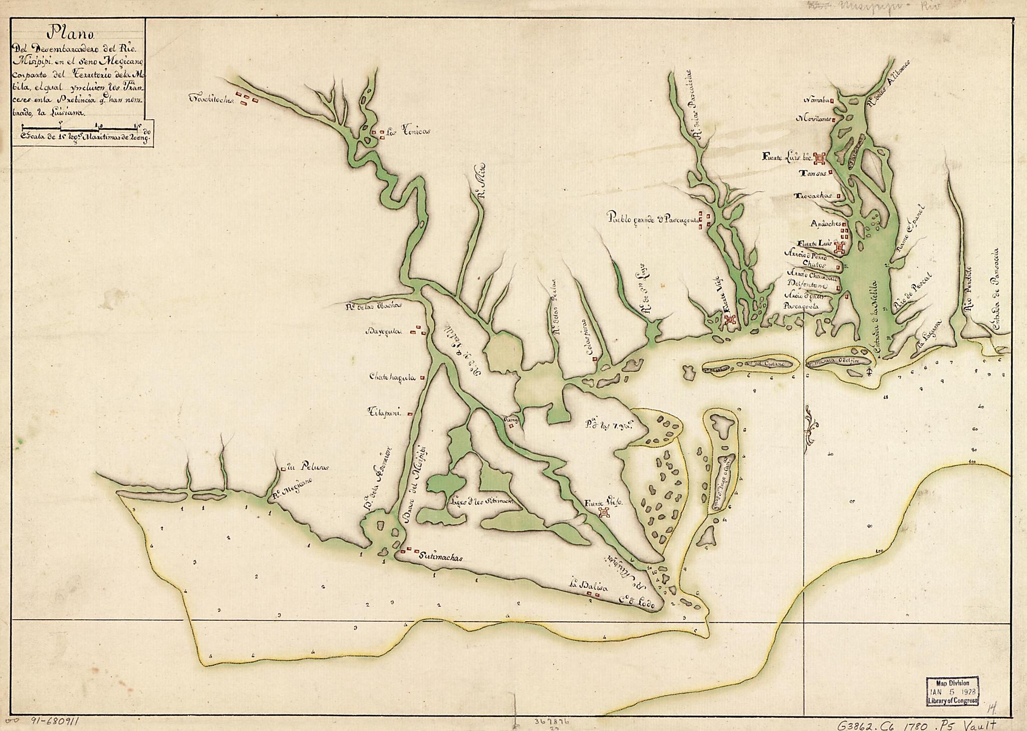 This old map of Plano Del Desembarcadero Del Río Misipipi En El Seno Megicano Con Parte Del Territorio De La Mobila, El Qual Yncluien Los Franceses En La Probincia Qe. Han Nombrado La Luisiana from 1780 was created by  in 1780