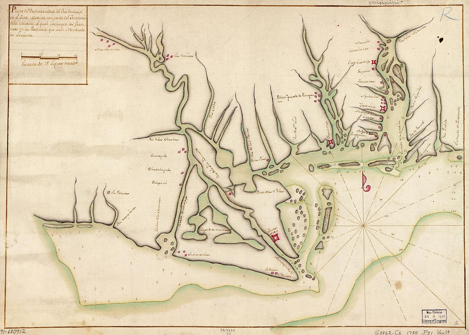 This old map of Plano Del Desembocadero Del Río De Misipi En El Seno Mexino Con Parte Del Territorio De La Mobila, El Qual Incluyen Los Franceses En La Provincia Que Han Nombrado La Luciana from 1780 was created by  in 1780