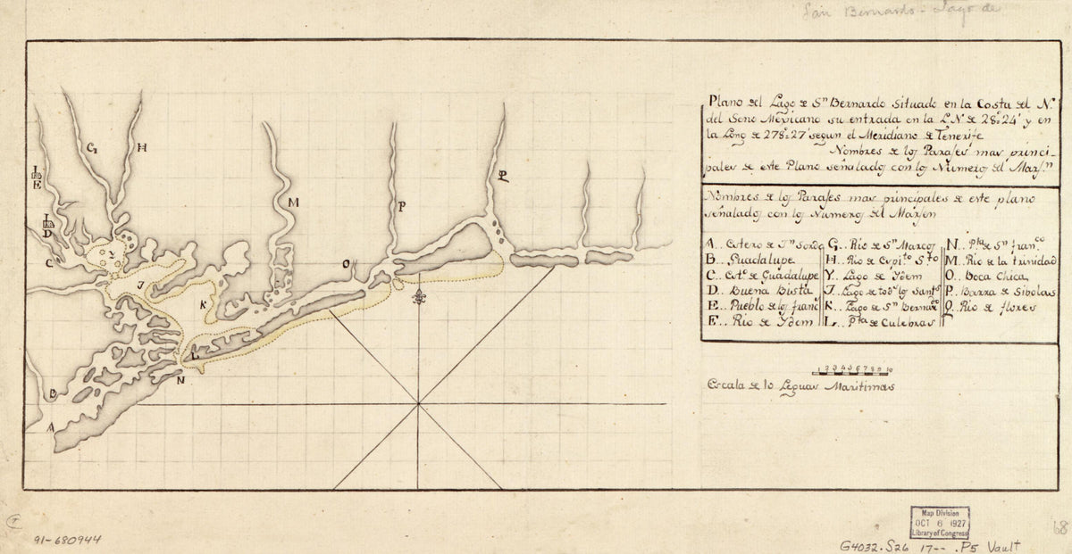Plano Del Lago De Sn. Bernardo Situado En La Costa Del N. Del Seno Mexicano Su Entrada En La L. N. De 28⁰24ʹ Y En La Long. De 278⁰27ʹ Segun El Meridiano De Tenerife 1700 by Relic Map Company
